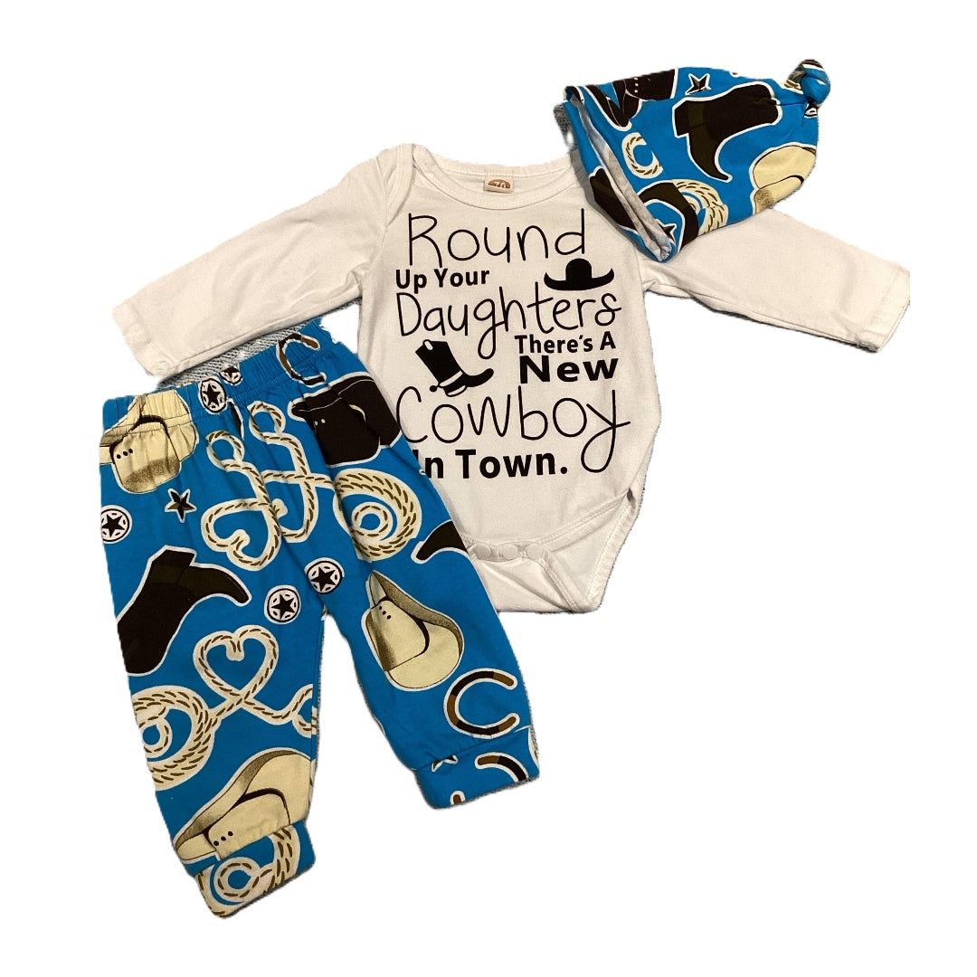 6-9 Boys White Round Up Your Daughters Long Sleeve Onesie, Matching Coyote Pants & Hat