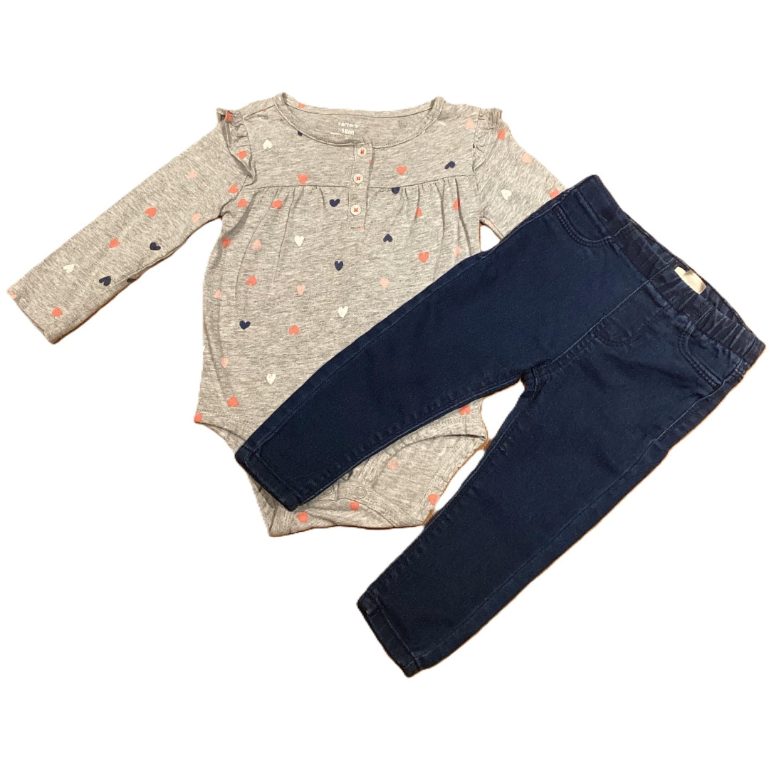12-18 Girls Carter's Gray Long Sleeve Onesie w/Blue Hearts, Osh Kosh Jeggings
