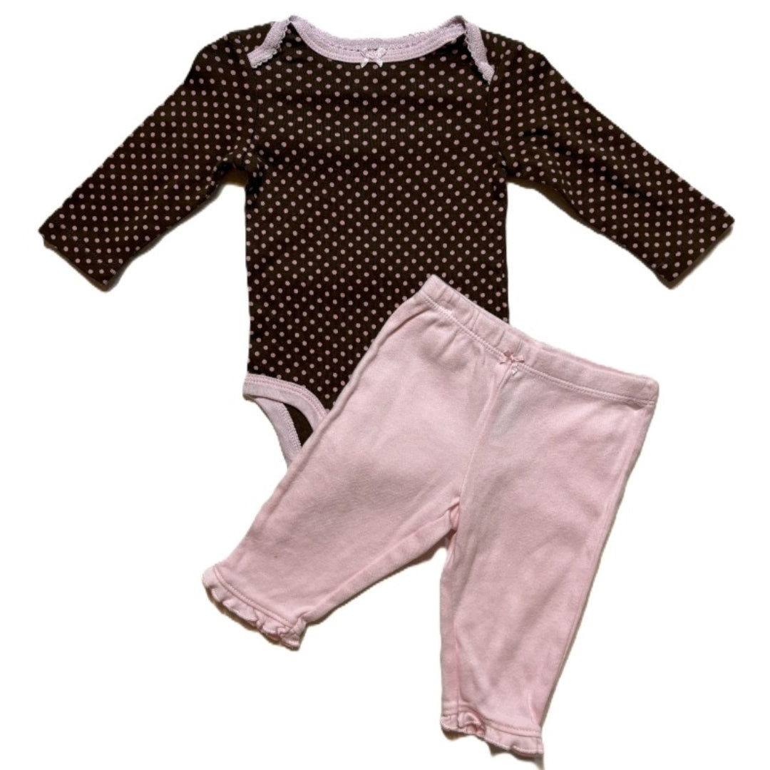 0-3 Girls Circo Pink/Brown Polka Dot Onesie, Carter's Ruffled Bottom Leggings