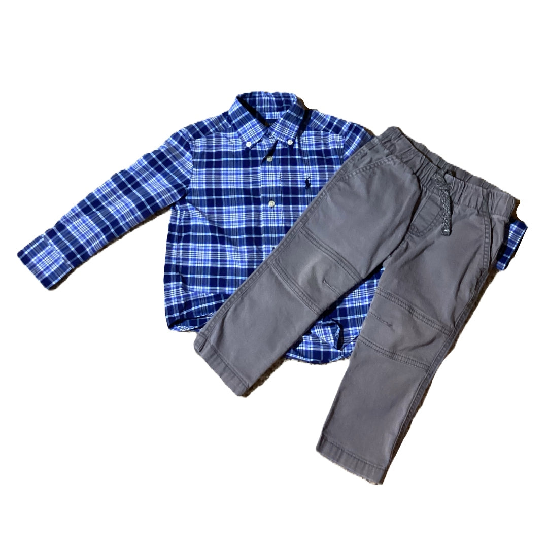 2T Boys Ralph Lauren Blue Plaid Button Down, Cat & Jack Gray Pants