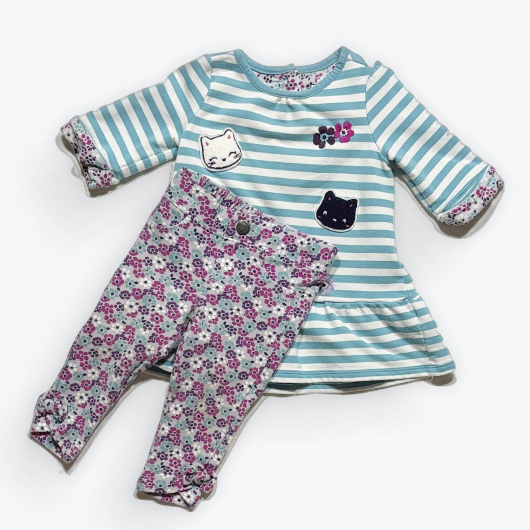12-18 Girls Gymboree Teal Striped Dress with Matching Floral Leggings Set