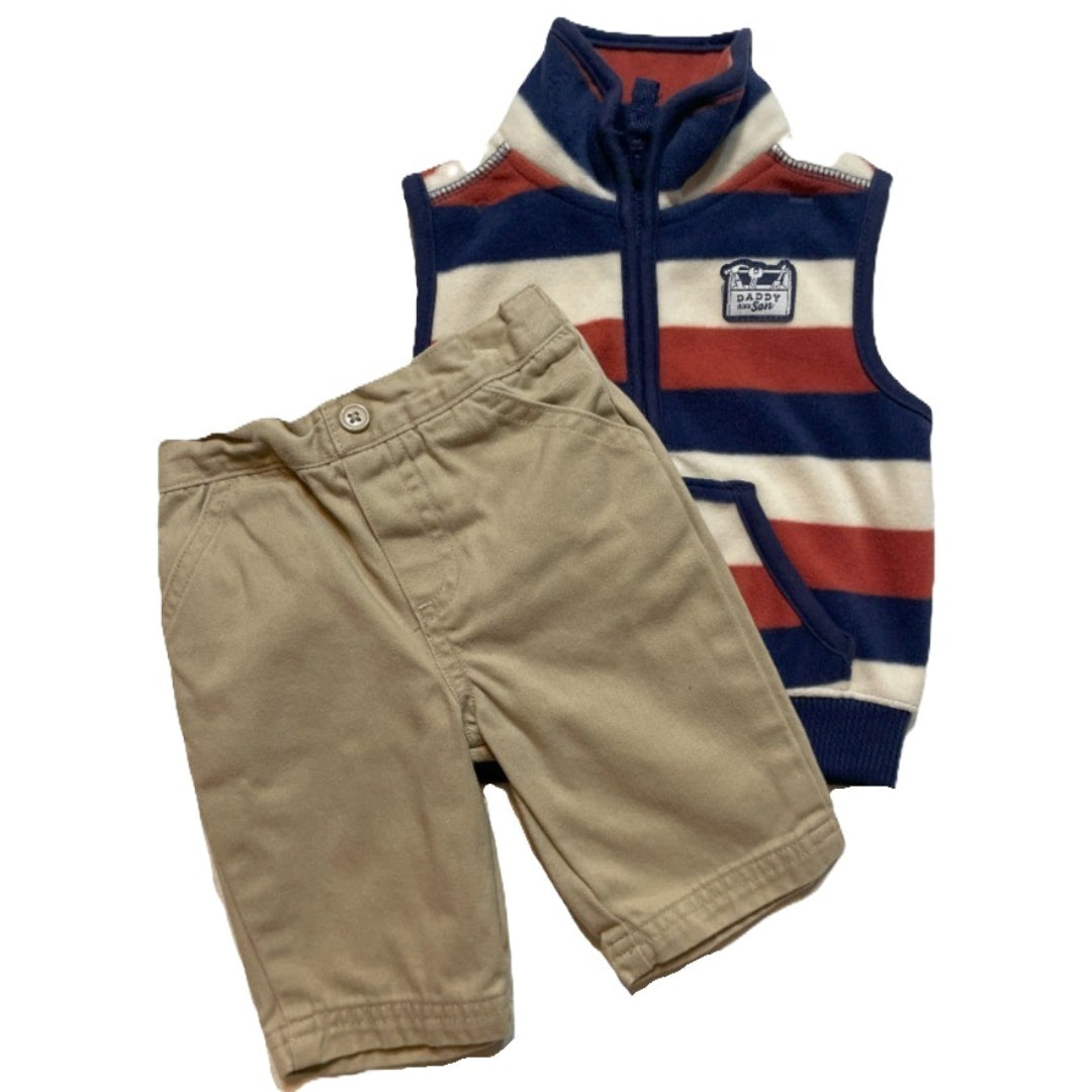 0-3 Boys Carter's Stripe Fleece Daddy and Son Vest, George Khaki Pants