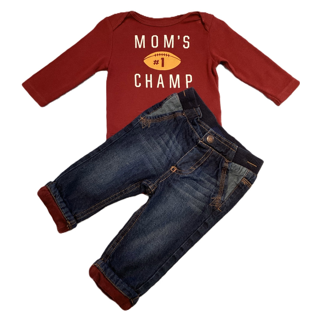 3-6 Boys Old Navy Burgundy Mom's Champ Long Sleeve Onesie, Genuine Kids Jeans