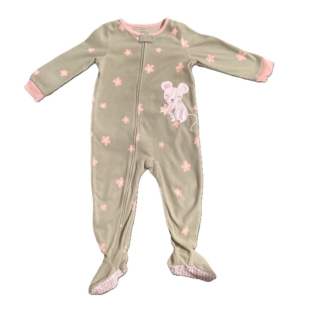 18-24 Girls Carter's Sage Fleece Sleeper w/Pink Flowers and Mouse