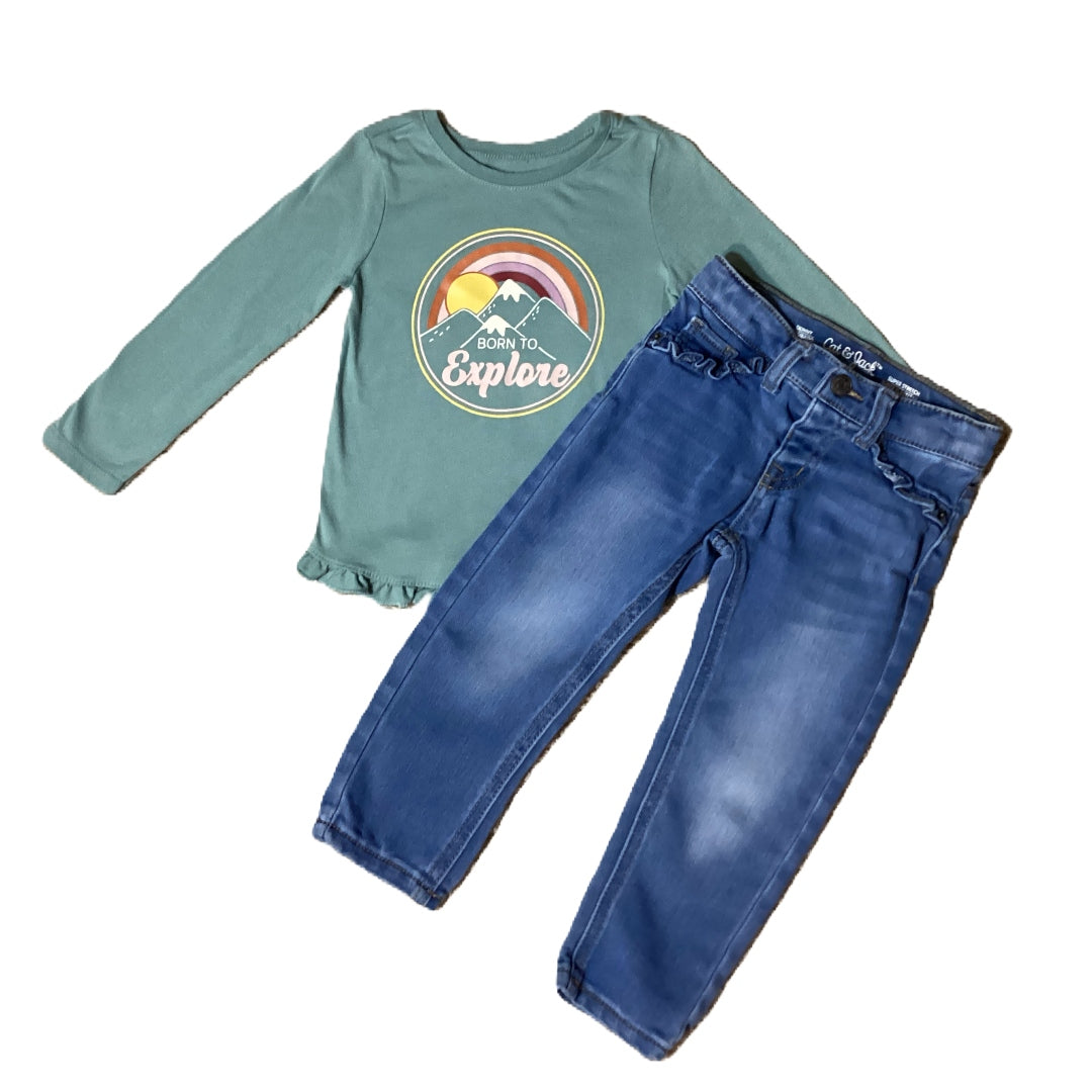 2T Girls Garanimals Dark Teal Born to Explore Long Sleeve Shirt, Cat & Jack Ruffle Pocket Jeans