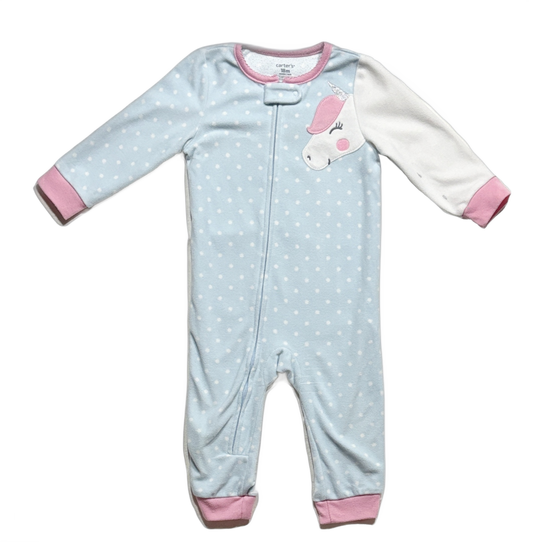 12-18 Girls Carter's Blue Polka Dot Unicorn Fleece Sleeper
