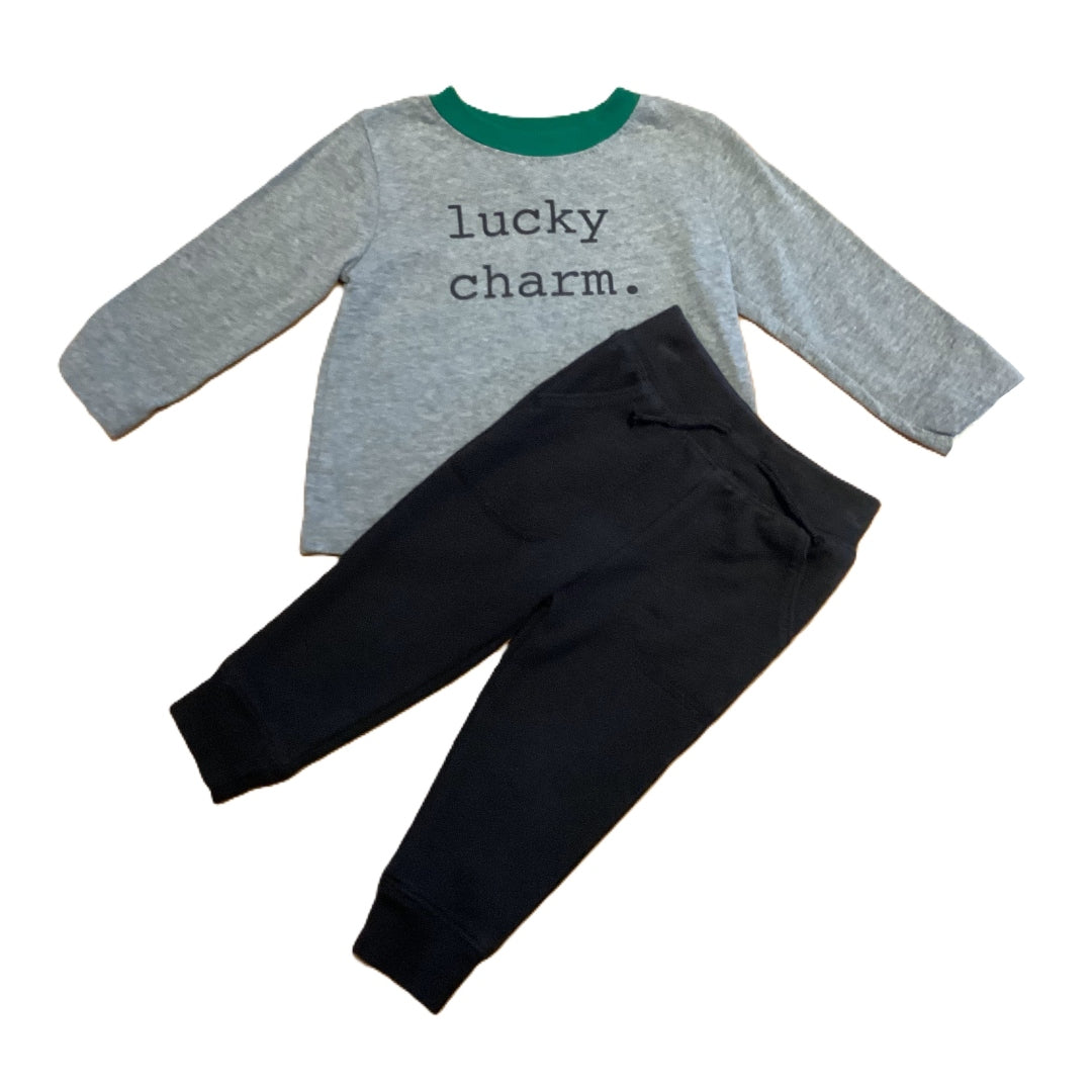 9-12 Boys Waytocelebrate Gray Lucky Charm Long Sleeve, Garanimals Black Joggers