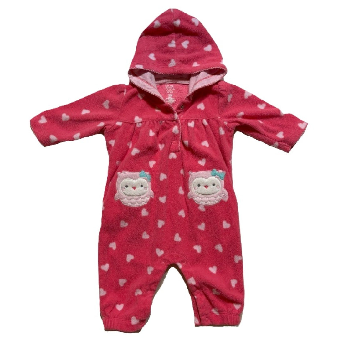 0-3 Girls Just One You Owl Fleece Hooded One Piece