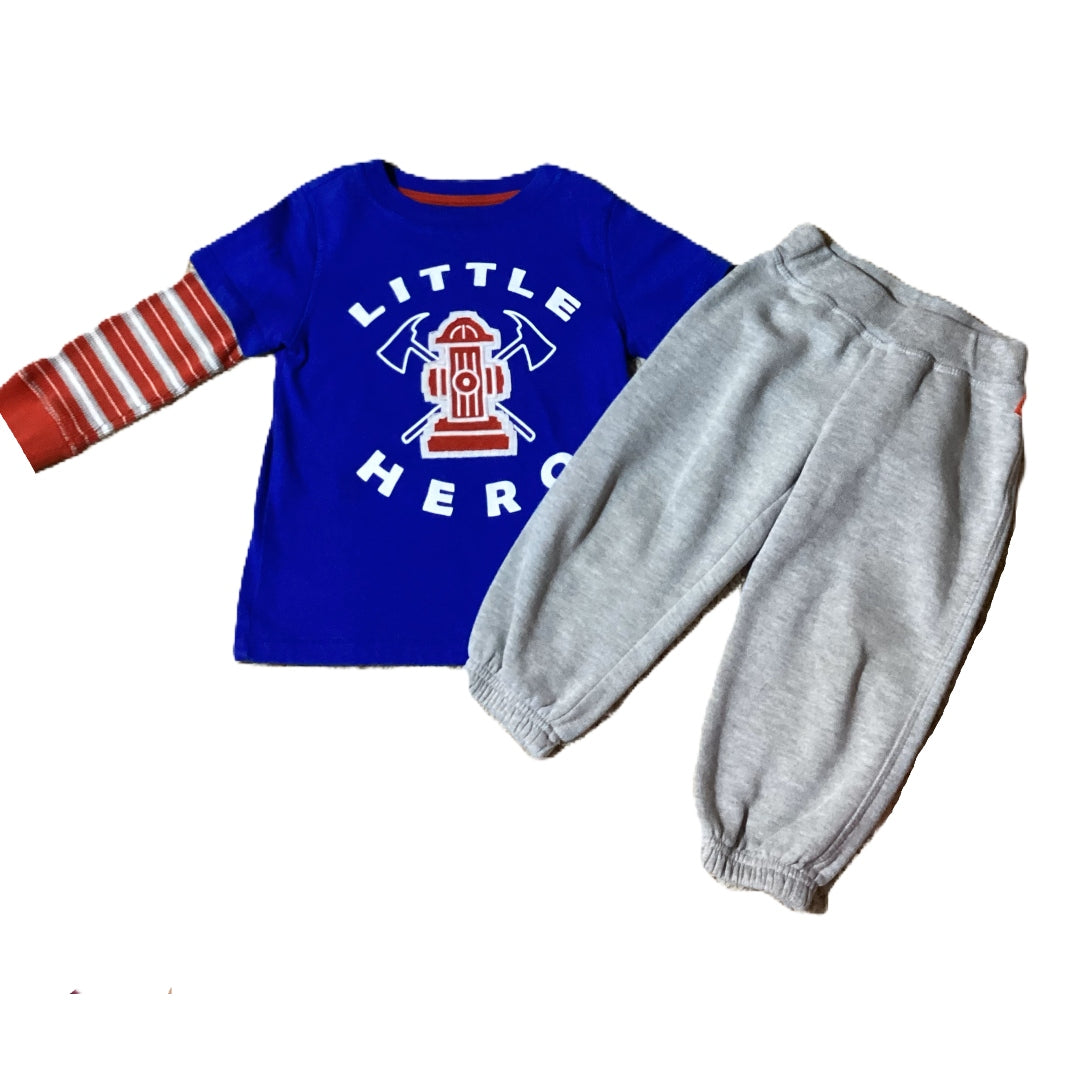 2T Boys J Khaki Royal Blue Layered Little Hero Shirt, Gray Sweatpants