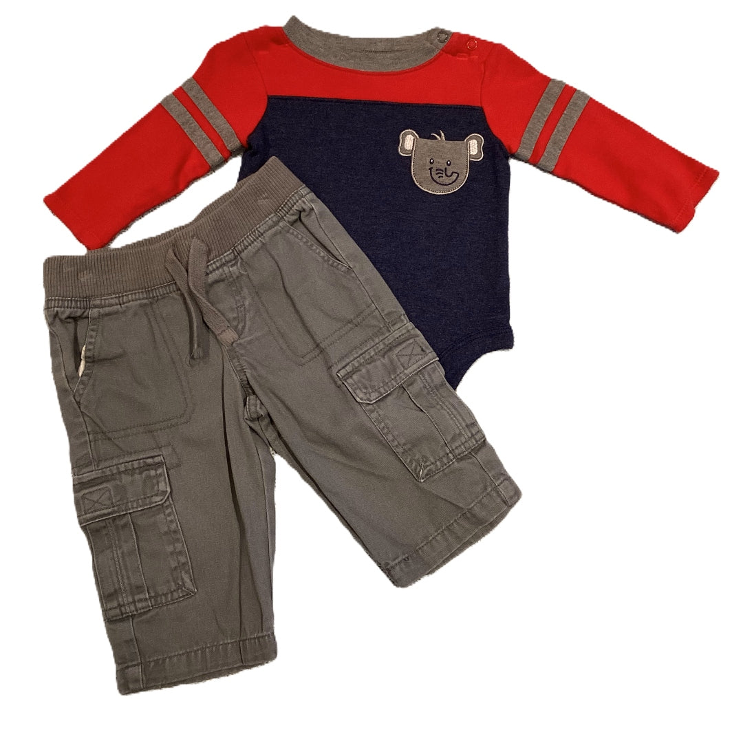 3-6 Boys Garanimals Red/Blue w/Elephant Long Sleeve Onesie, Koala Baby Cargo Pants