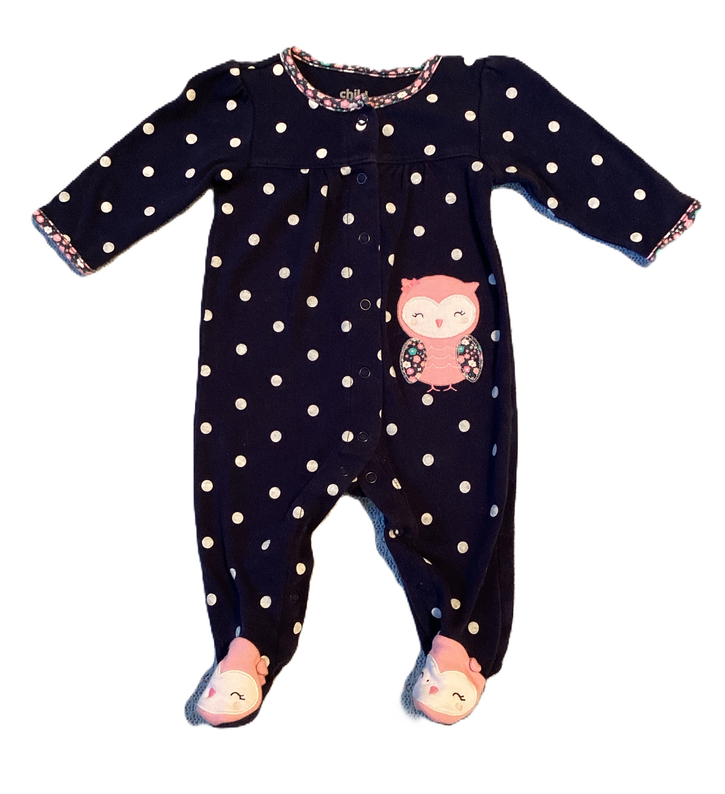 3-6 Girls Child of Mine Navy/White Polka Dots Sleeper w/Owl