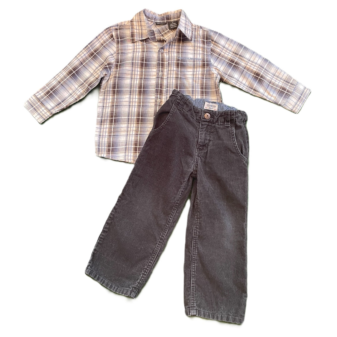 3T Boys Calvin Klein White/Black/Blue Plaid Button Down, Osh Kosh Black Corduroy Pants