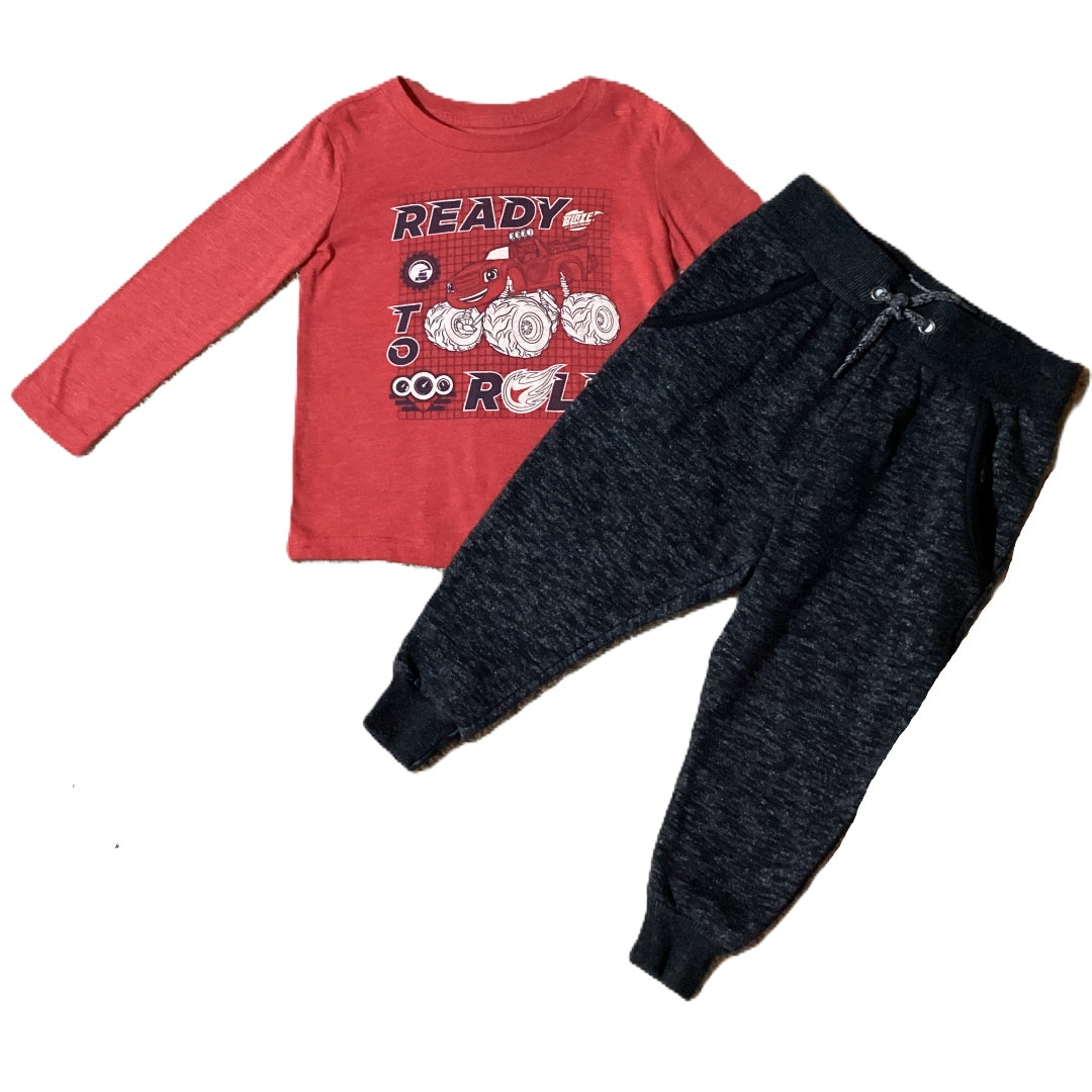 2T Boys Jumping Beans Red Ready to Roll Long Sleeve Tshirt, Primark Black Joggers