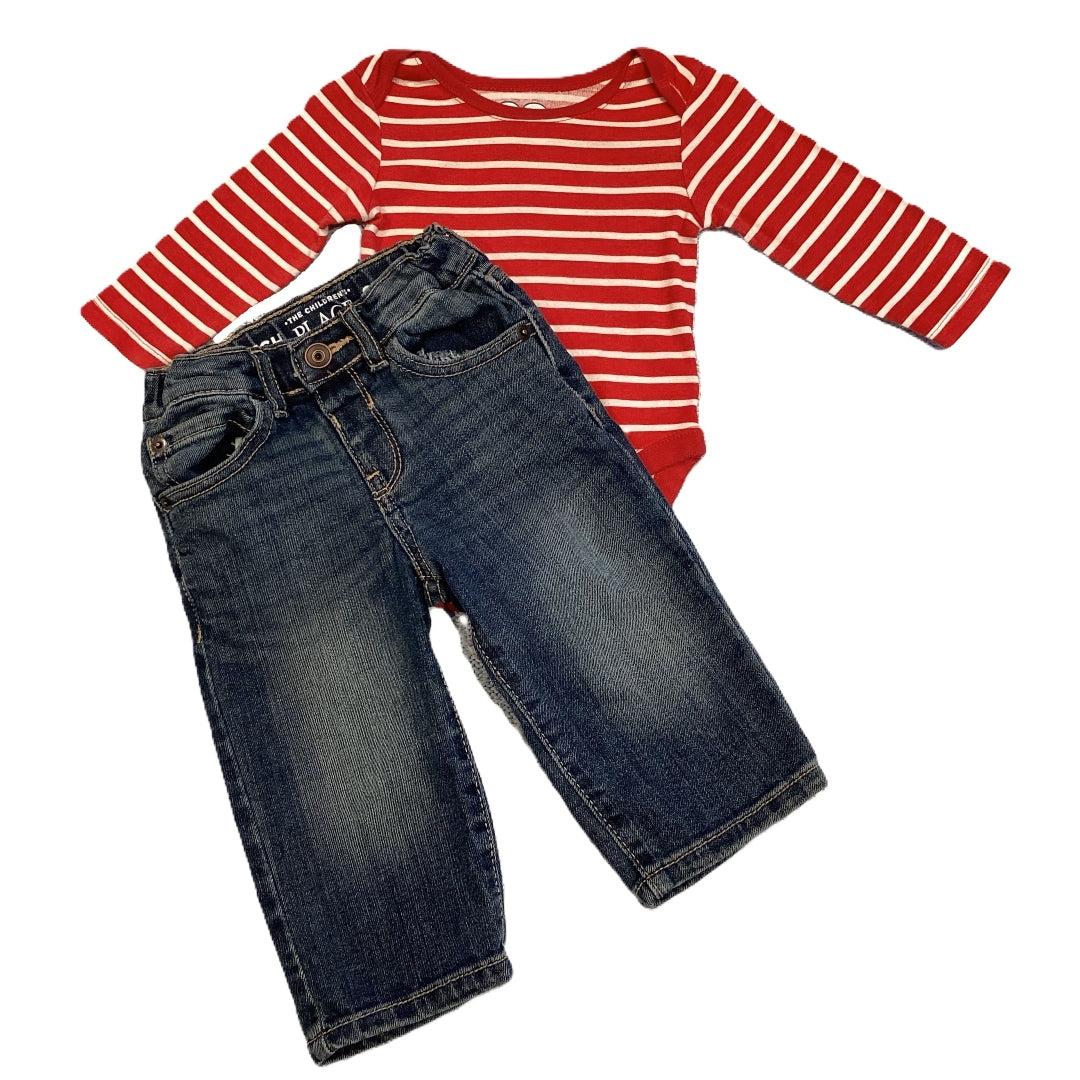 3-6 Boys Made with Love Red/White Stripe Long Sleeve Onesie, The Children's Place Jeans
