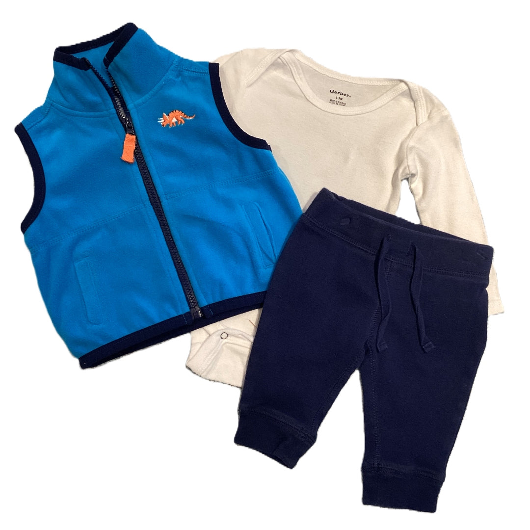 0-3 Boys Gerber Long Sleeve Onesie, Carter's Zip Blue/Orange Vest, Old Navy Sweatpants
