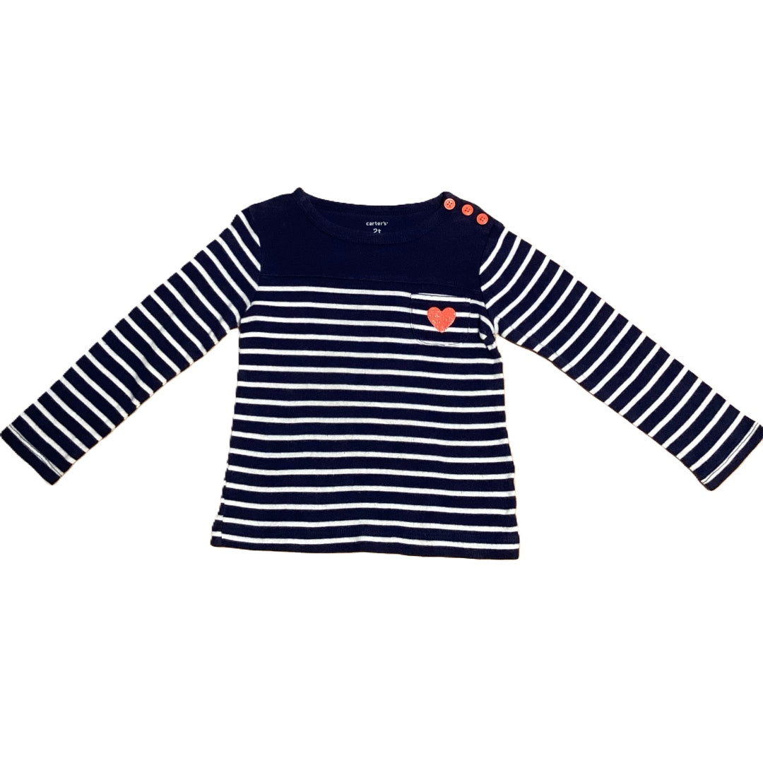 2T Girls Navy/White Stripe Heart Pocket Shirt