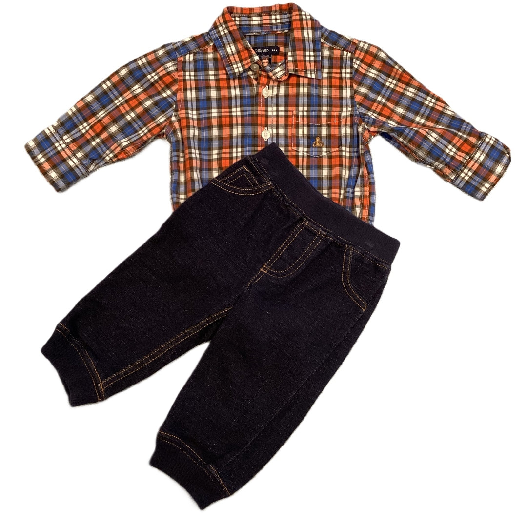 3-6 Boys Baby Gap Red/Blue Plaid Onesie, Carter's Denim Pants