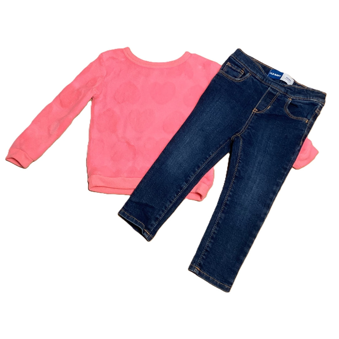 2T Girls BCBG Girls Fleece Pink Heart Sweatshirt, Old Navy Jeans