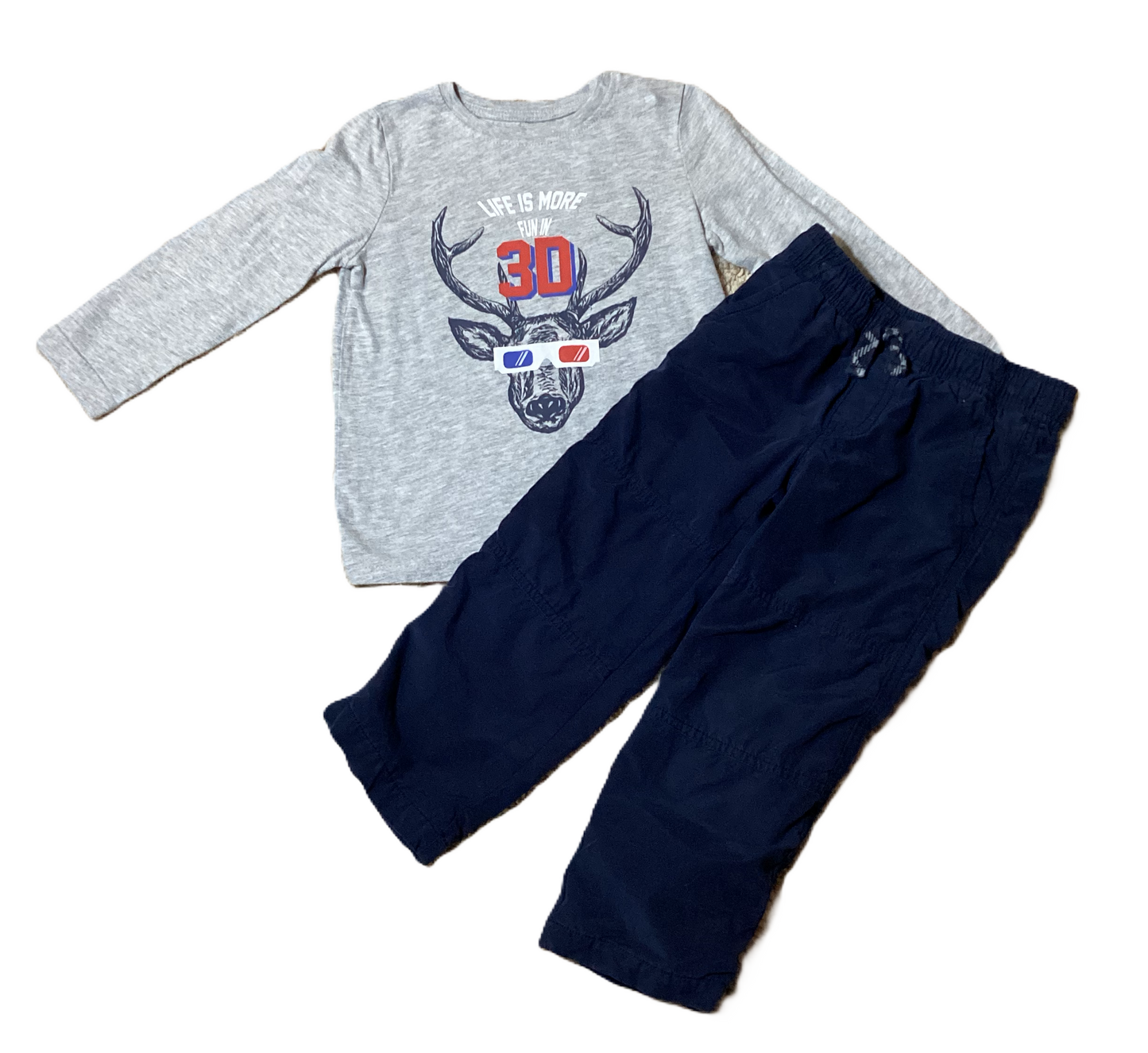 3T Boys Primark Gray Life is Better in 3D Long Sleeve Shirt, Gymboree Navy Pants