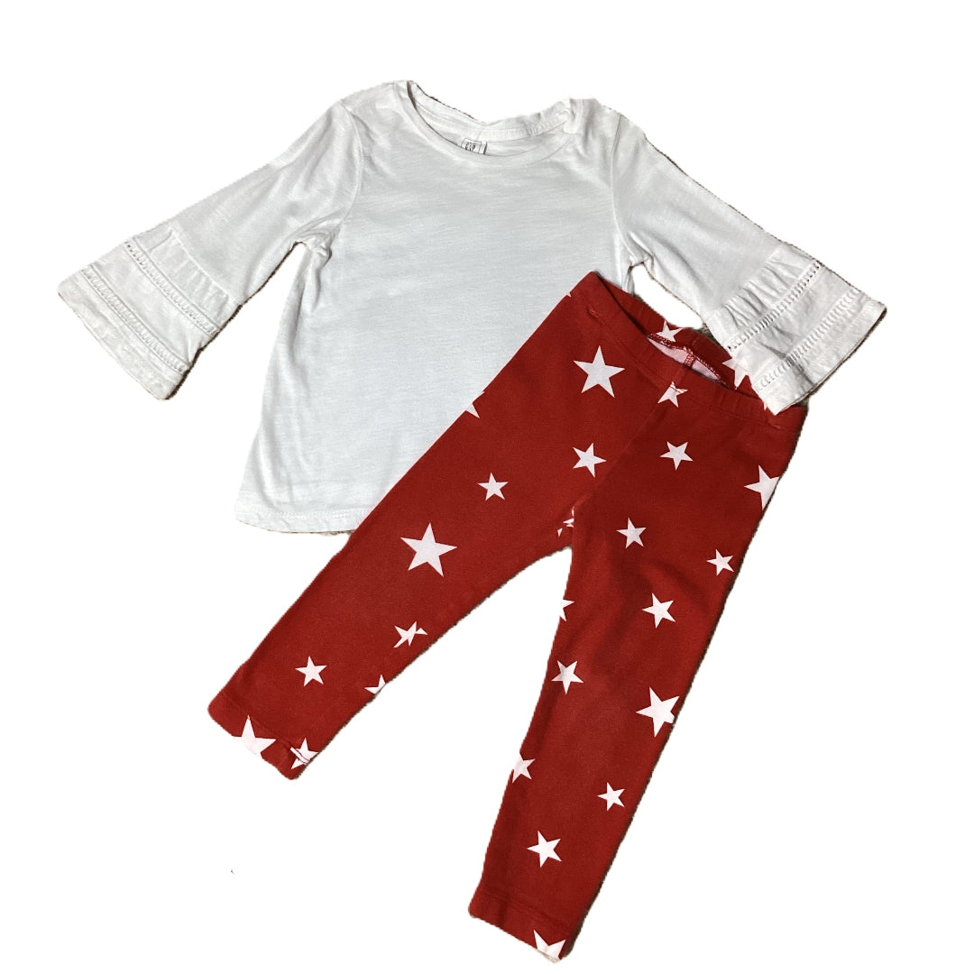 2T Girls Baby Gap White Embroidered Bell Sleeve Shirt, Old Navy Re/White Star Leggings