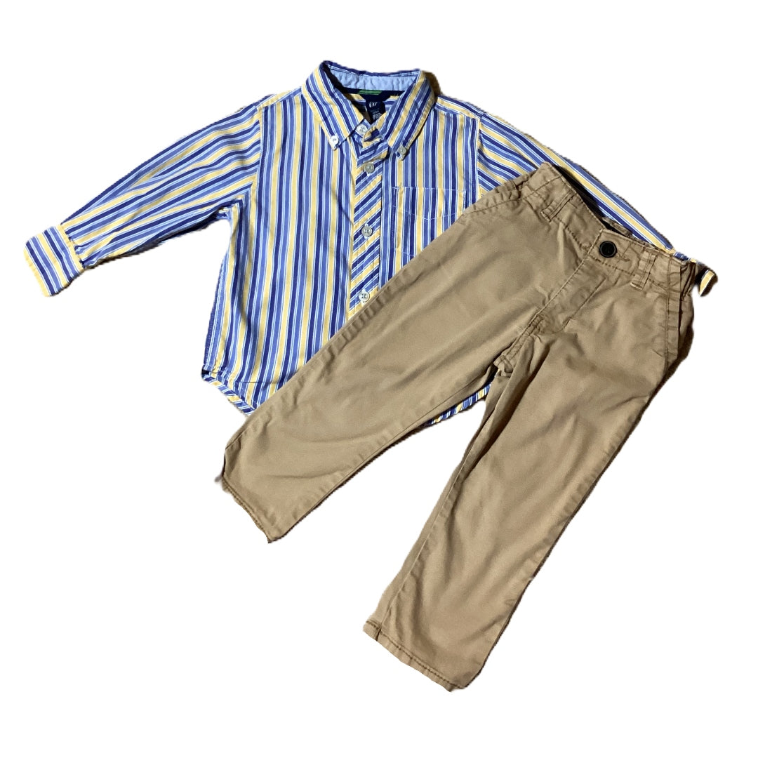 2T Boys Baby Gap White/Yellow/Blue Striped Button Down, Osh Kosh Bgosh Khakis