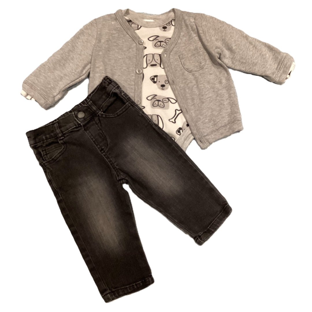6-9 Boys Little Beginnings White Long Sleeve w/Dogs, Just One You Gray Button Jacket, Garanimals Black Jeans
