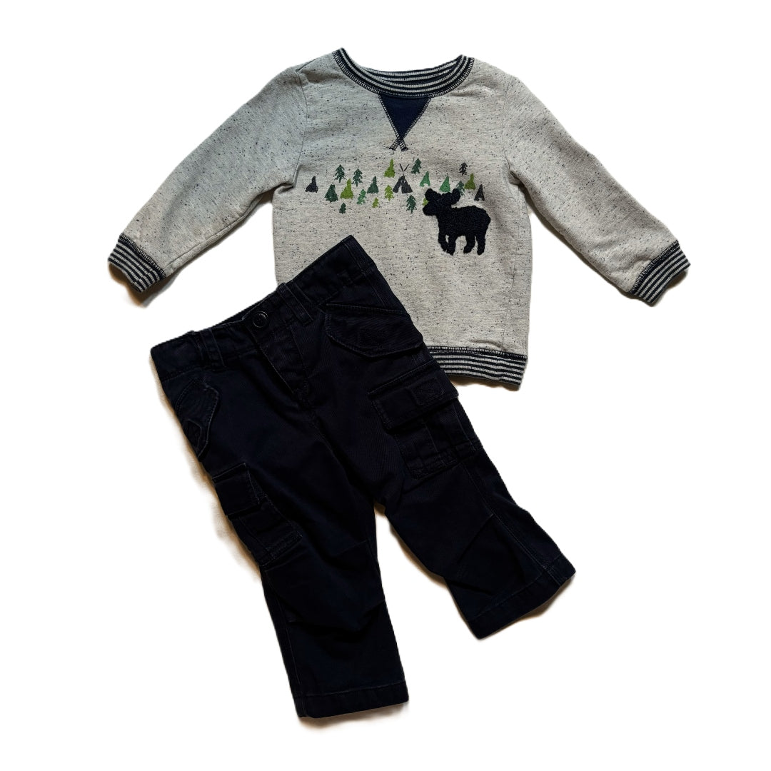 12-18 Boys Little Me Gray Moose Crewneck Sweatshirt, Baby Gap Black Cargo Pants