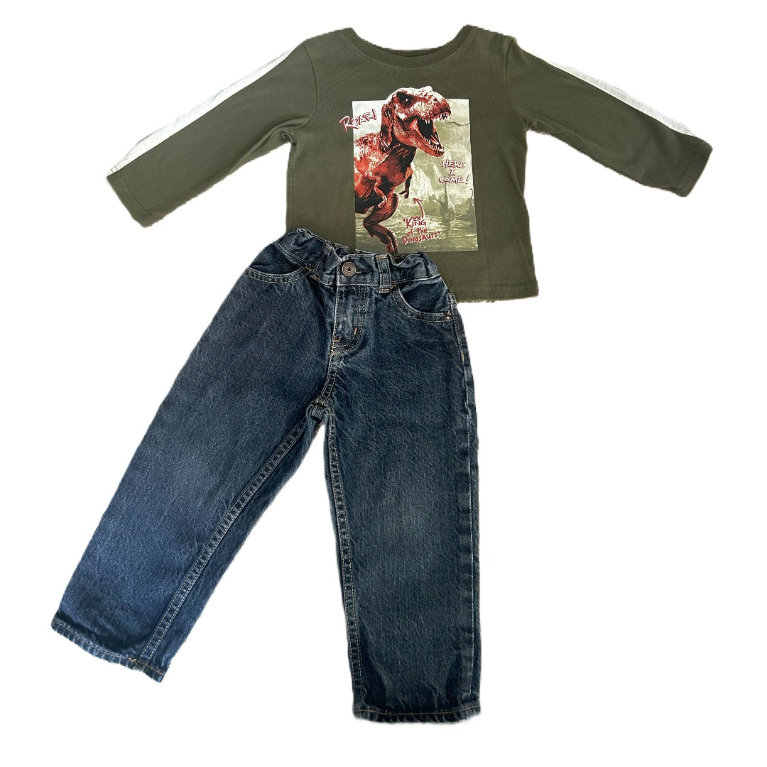 2T Boys Garanimals Olive Green Dinosaur Long Sleeve, Bgosh Dark Wash Jeans