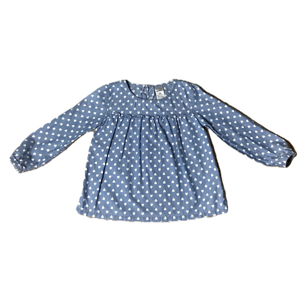 2T Girls Carter's Chambray Shirt w/White Hearts
