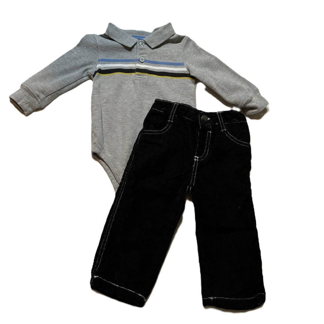 9-12 Boys Jumping Beans Gray w/Chest Stripes Long Sleeve Polo Onesie, Corduroy Pants