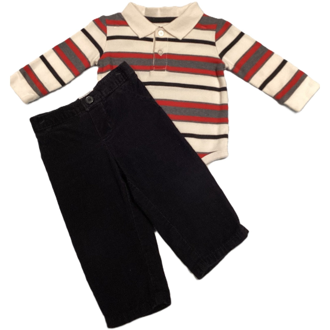 6-9 Boys Greendog White/Gray/Black Stripe Polo Onesie, Just One You Cordoruy Pants