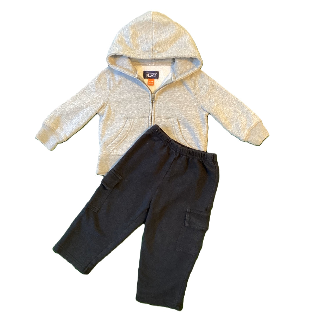12-18 Boys The Children's Place Gray Hooded Sweatshirt, Black Fleece Cargo Pants
