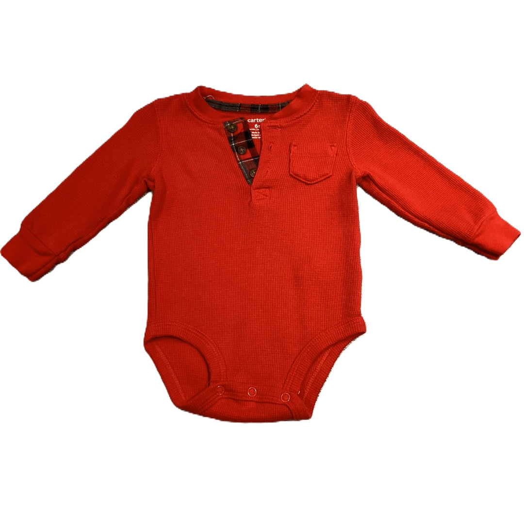 3-6 Boys Carter's Long Sleeve Red/Plaid Button Panel Henley Onesie