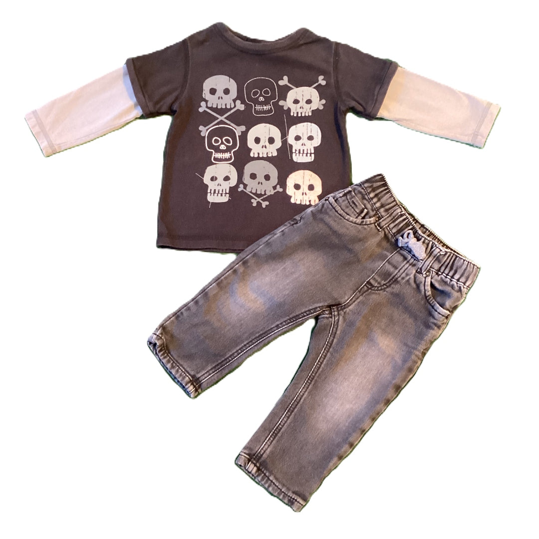 12-18 Boys Amy Coe Black Layered Skull Shirt, Cat & Jack Gray Jeans
