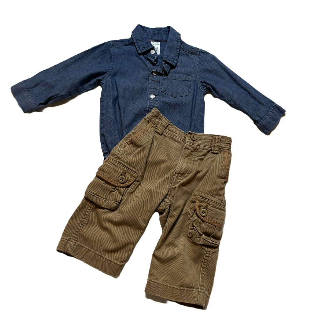 9-12 Boys Carter Denim Long Sleeve Onesie, Polo Khaki Cargo Pants