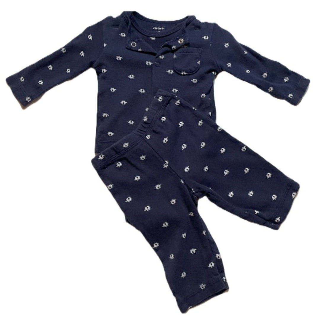 0-3 Boys Carter's 3 Piece Navy Elephant Matched Set, Short Sleeve Onesie, Long Sleeve Snap Up Shirt, Pants