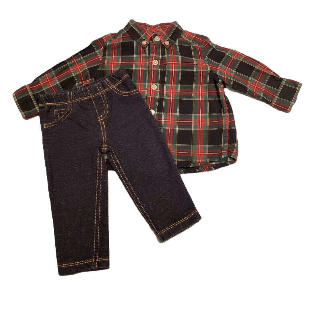 6-9 Boys The Children's Place Red/Green/Black Plaid Button Down, Carter's Jeggings