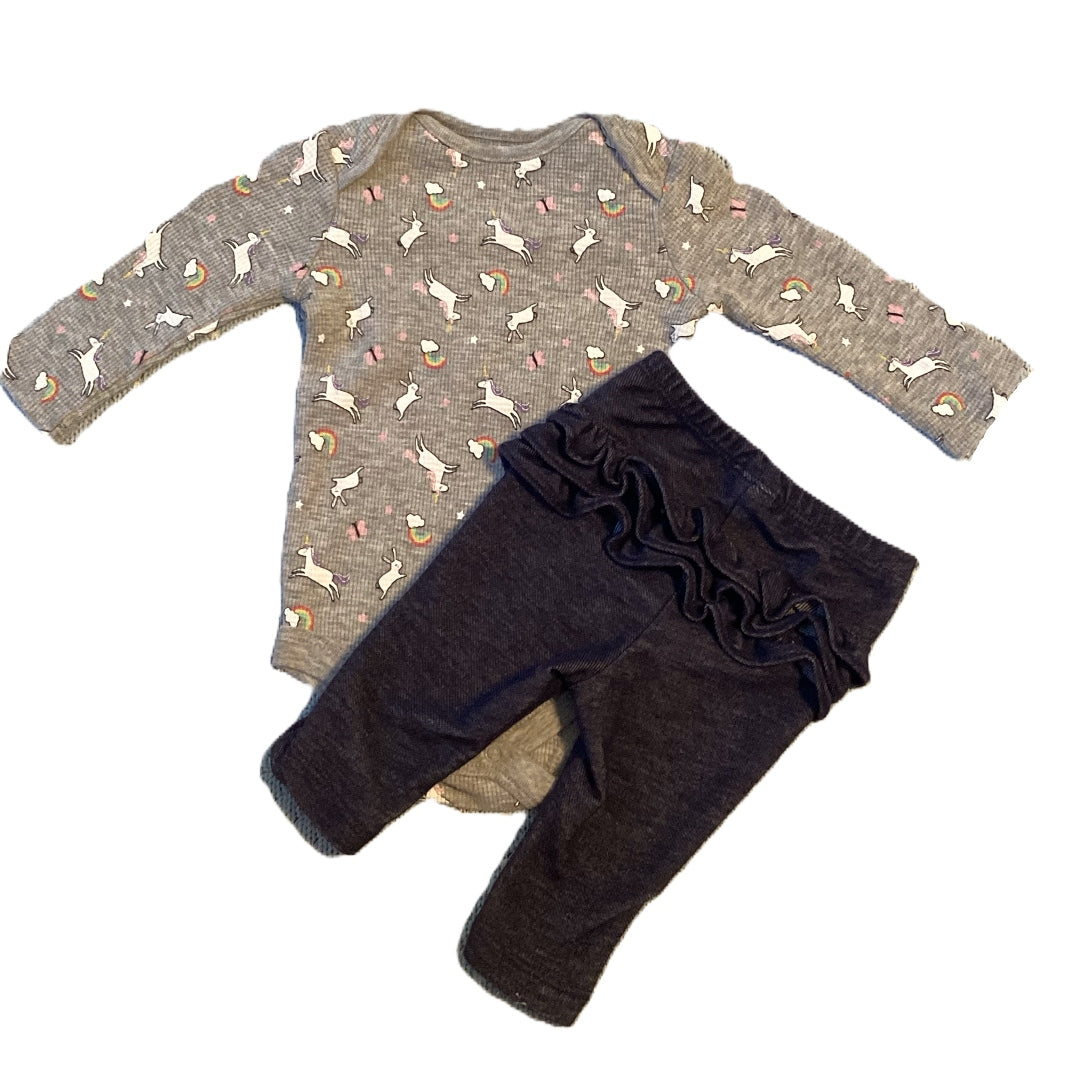 0-3 Girls Baby Favorite Playwear Gray Waffle Onesie w/Unicorns, Old Navy Ruffle Bottom Jeggings