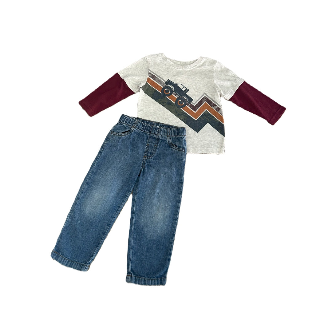 2T Boys Garanimals Layered Long Sleeve with Truck, Okie Dokie Jeans