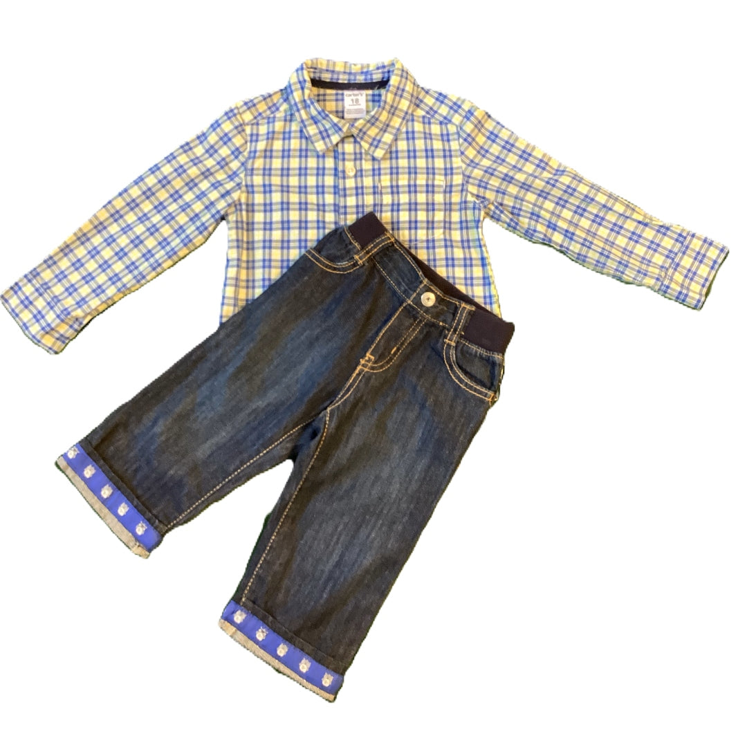 12-18 Boys Carter's Long Sleeved Royal/Yellow Plaid Button Down, Gymboree Jeans w/Owl Cuffs