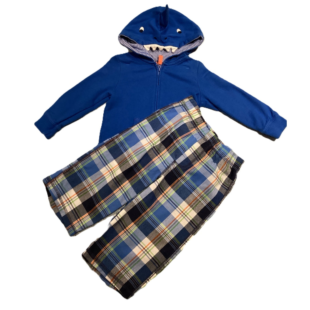 12-18 Boys Carter's Blue Shark Zip Up Hoodie, Blue Plaid Flannel Pants