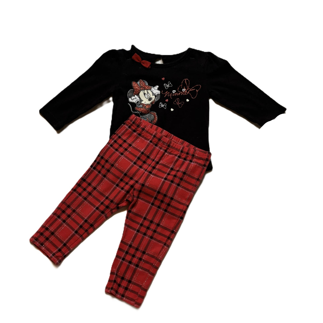 9-12 Girls Disney Baby Minnie Long Sleeve Onesie, Jumping Beans Plaid Leggings