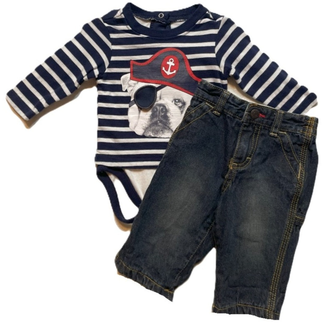 0-3 Boys Made With Love Pirate Bulldog Long Sleeve Shirt, Osh Kosh Jeans