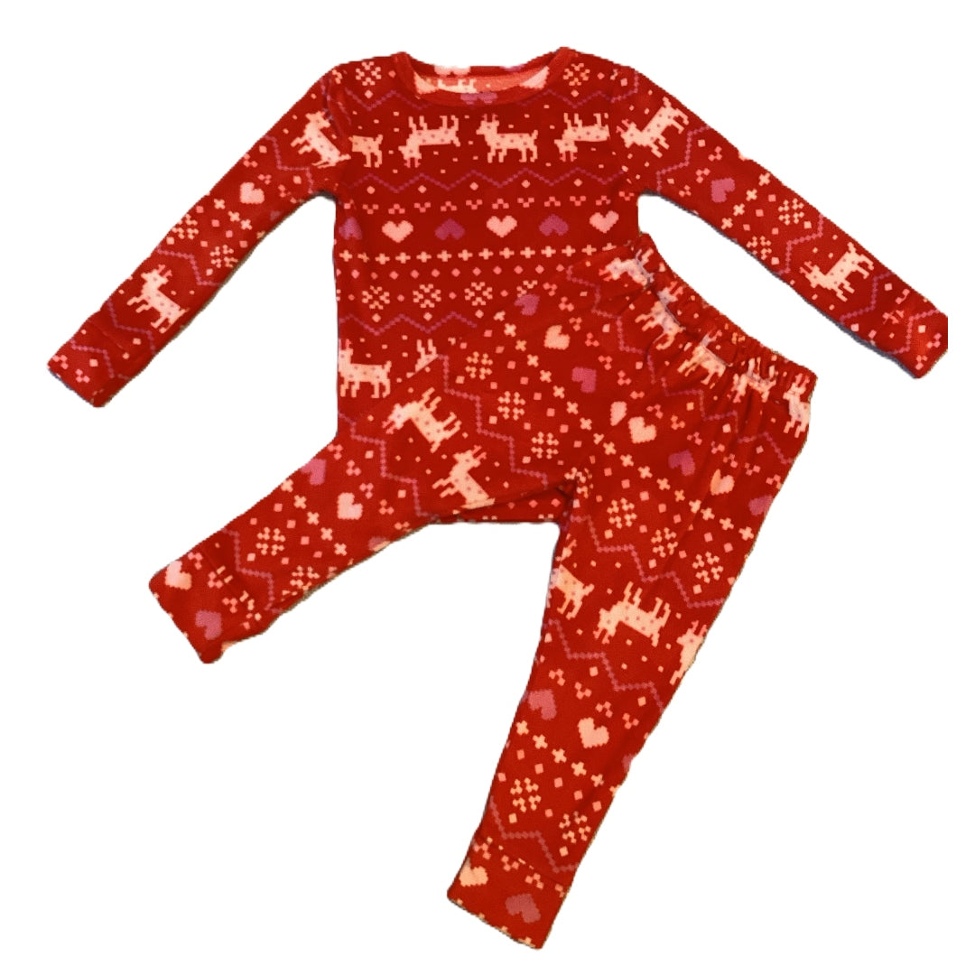 3T Girls Cat & Jack Soft Brushed Red w/Reindeer and Hearts 2 Piece Pajamas
