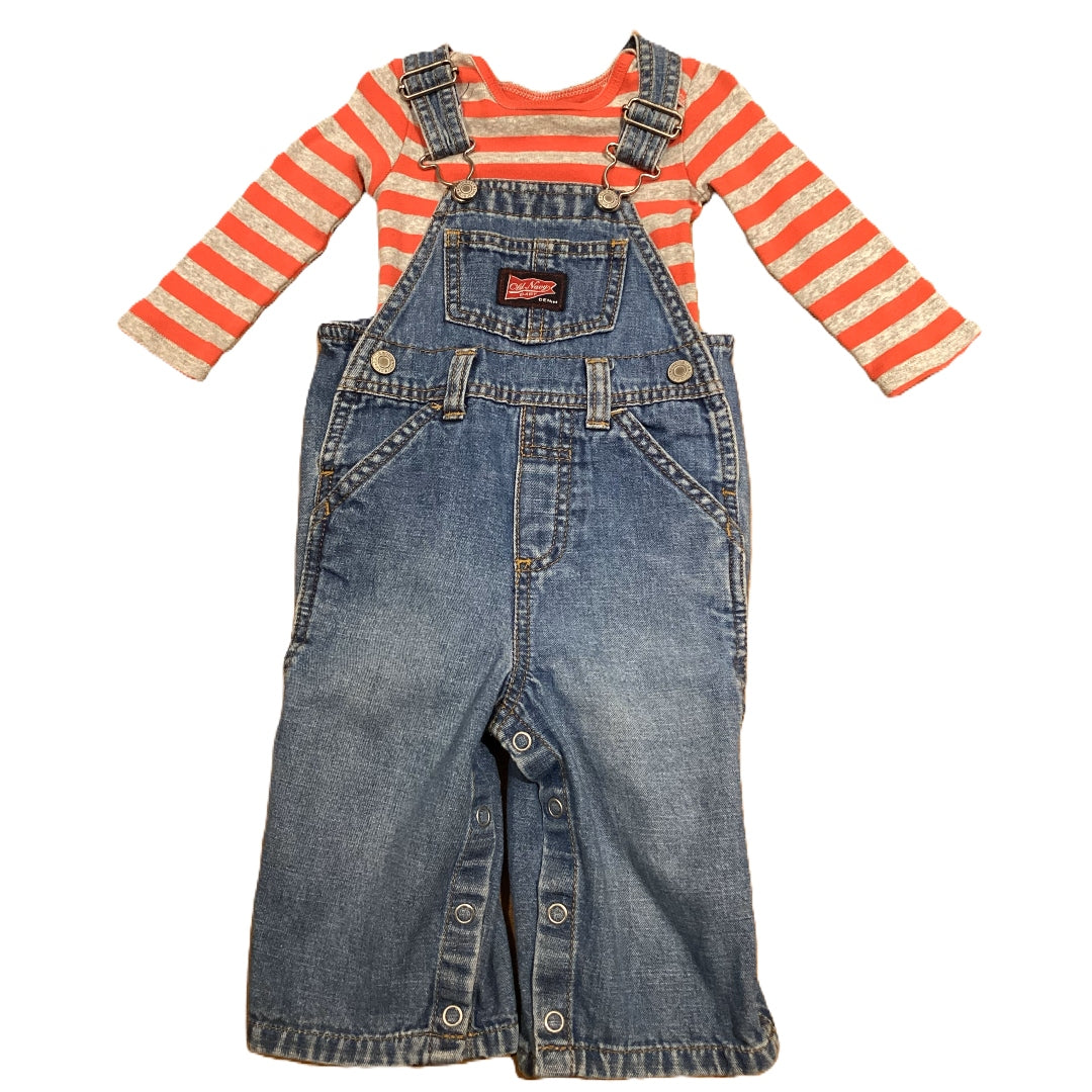 6-9 Boys Simple Joys Gray/Red Stripe Long Sleeve Onesie, Old Navy Denim Overalls