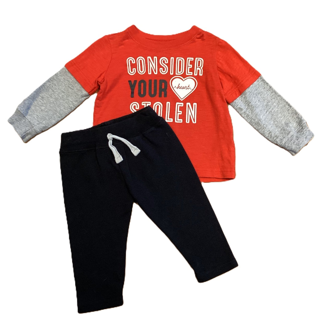 9-12 Boys Carter's Red Layered Shirt Consider Your Heart Stolen , HB Black Joggers