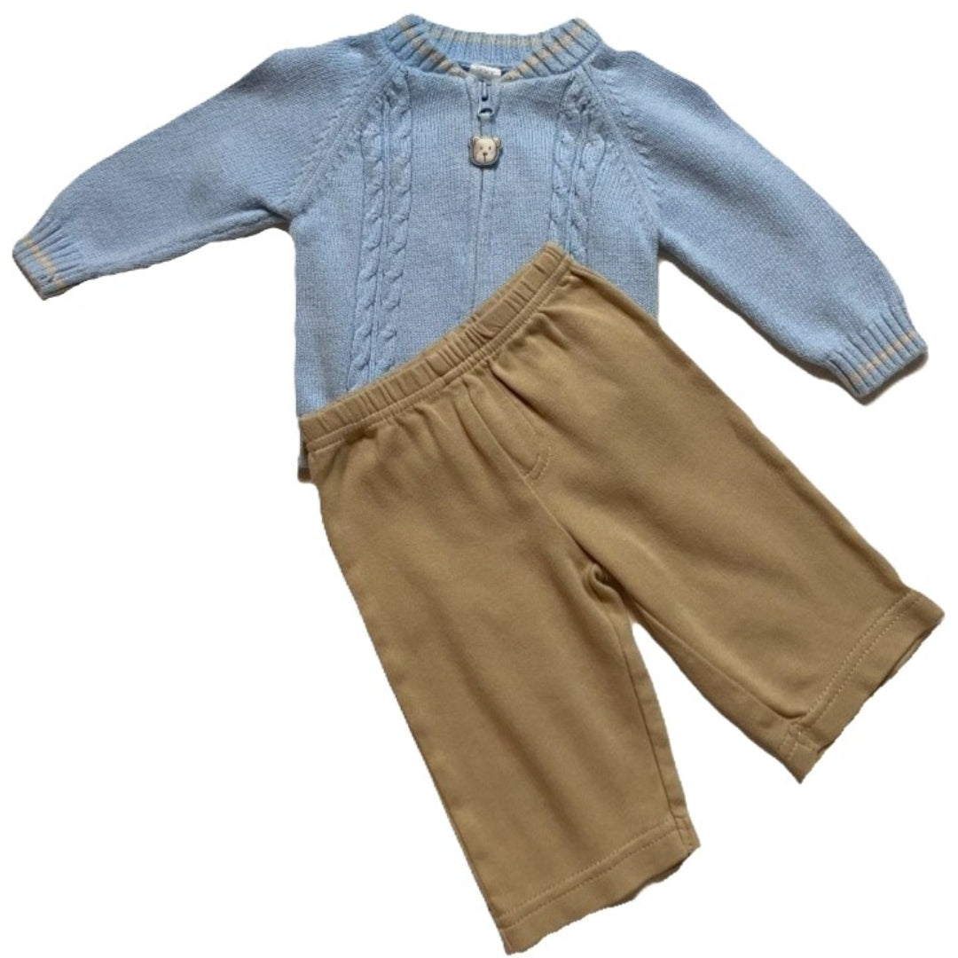 0-3 Boys Carter's Light Blue Zip Up Cable Knit Sweater, Child of Mine Pants