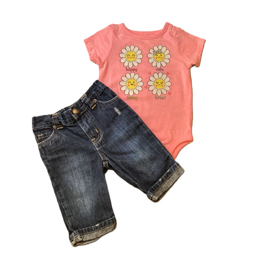 9-12 Girls Garanimals Hot Pink Onesie w/Daisies, Koala Kids Denim Capris