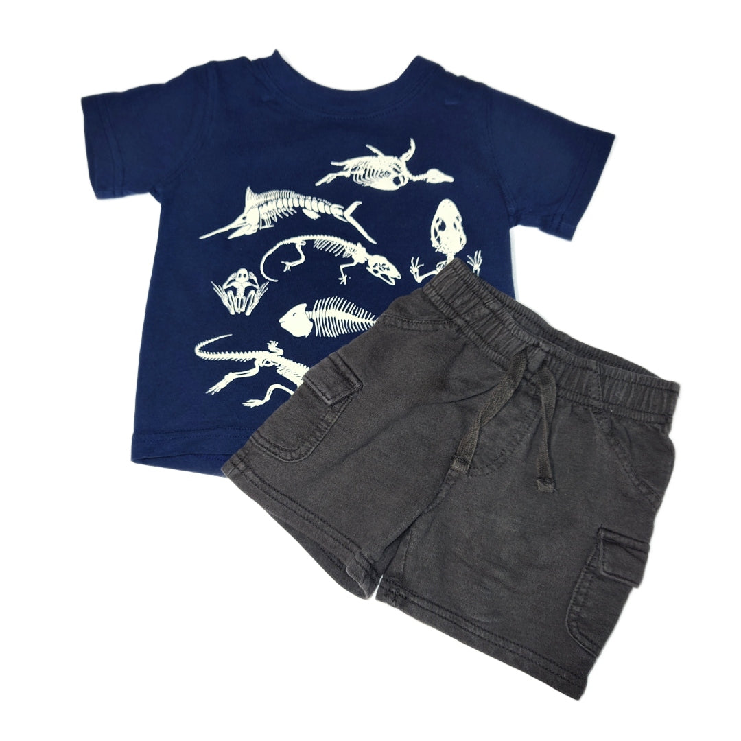 9-12 Boys Carter's Blue Tshirt w/Animal Skeletons, Jumping Beans Charcoal Shorts
