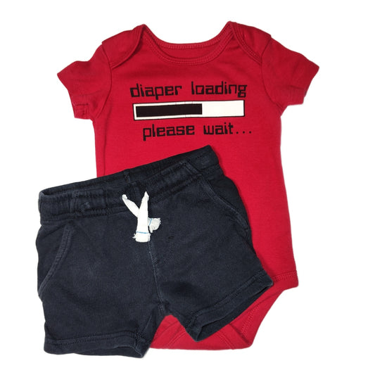 9-12 Boys Faded Glory Red Diaper Loading Onesie, Carter's Black Shorts